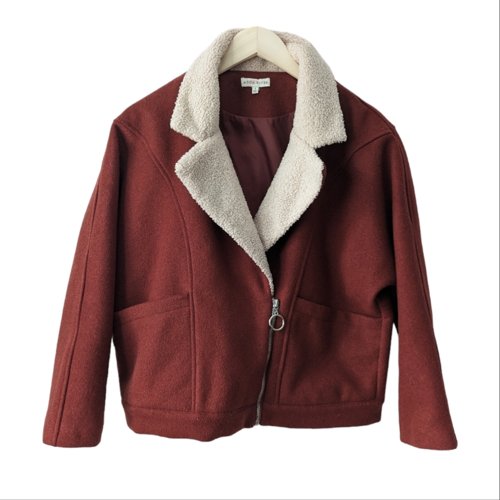 Moon River Maroon Dark Red Burgundy Wool Blend Moto Jacket Cropped, size S